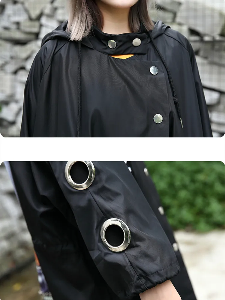 

Tiger print hooded lengthen coat oversized Iron ring trenchcoat female pin streetwear overcoats spring autumn trench coat women