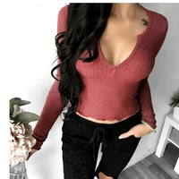 spring autumn sexy women long sleeve v neck t shirts solid color tops knitted pencil slim soft sweater crop tops