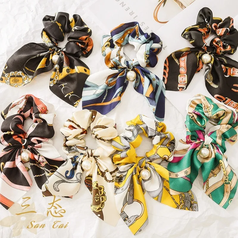 

2021new Fashion Hair Scrunchies Jewelry Ponytail Holder Bow Elastic Hair Accessories For Women Scarf Bow Tie Hair Band Ribbon