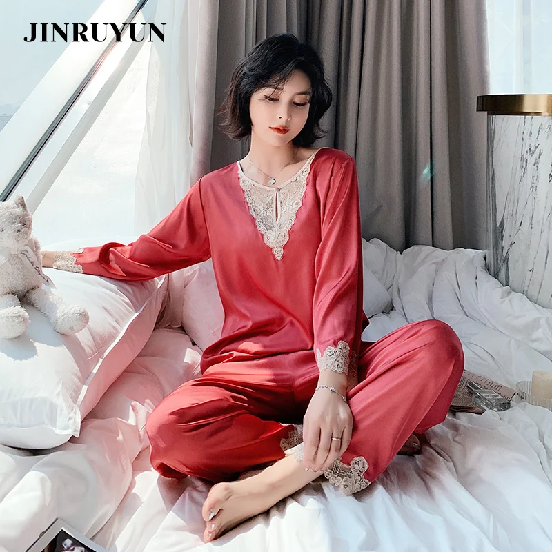 

Pajamas sets women spring and autumn thin lace edge solid color long-sleeved temperament loose silk home service two-piece suit