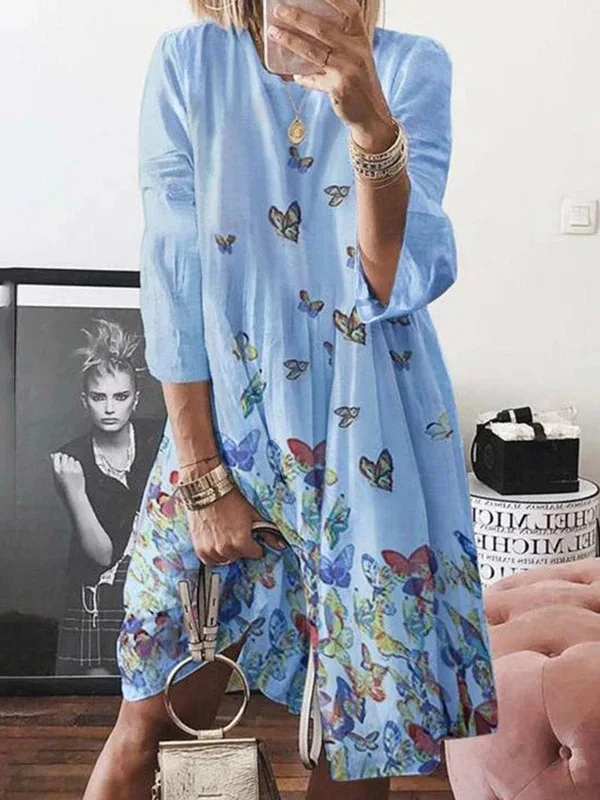 

Retro print o-neck print dress for women
