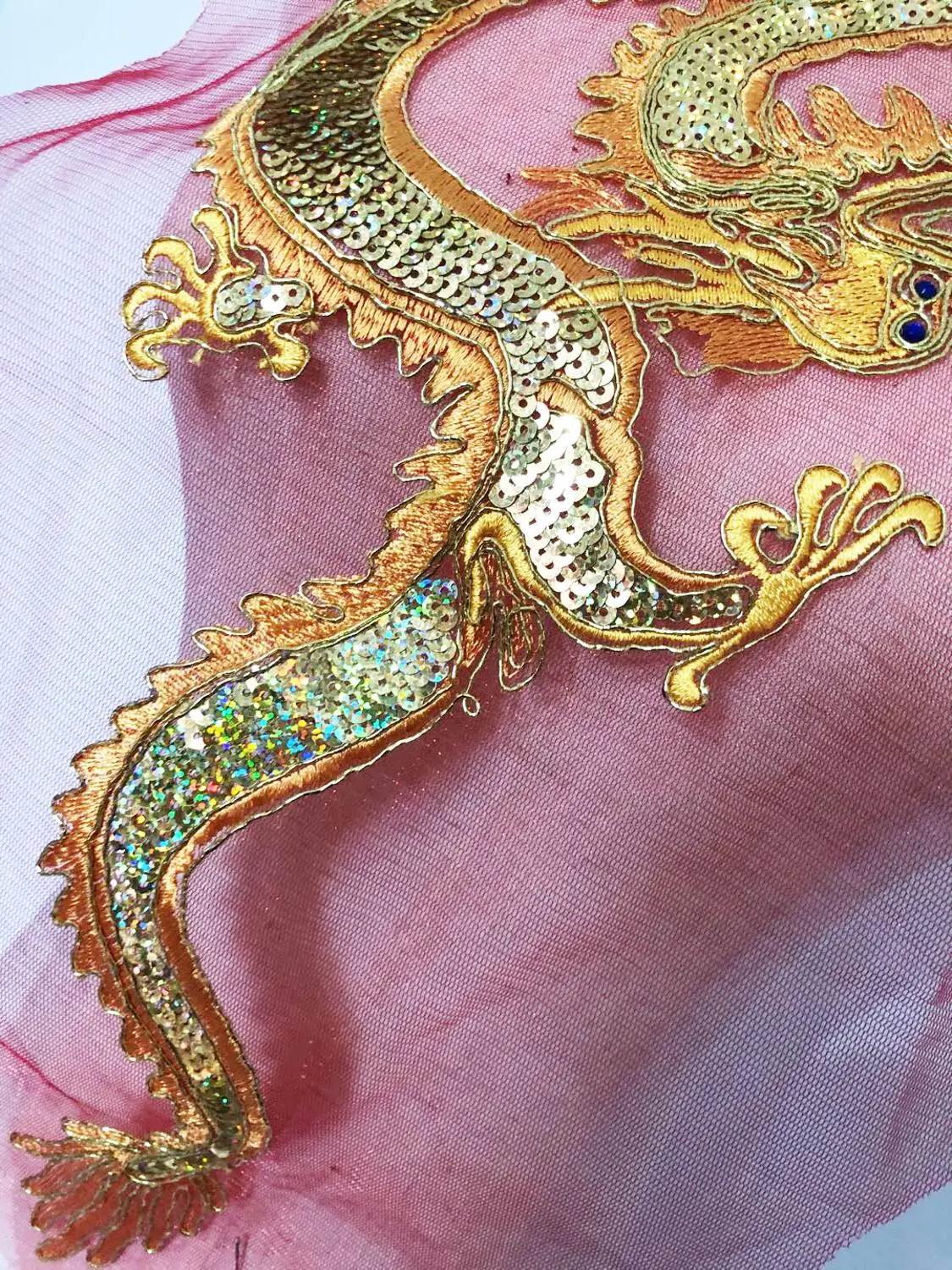Golden Gragon Sequins Lace Fabric Applique Trim For Evening Dress Clothes Collar Sew On Embroidery Patches Accessories |