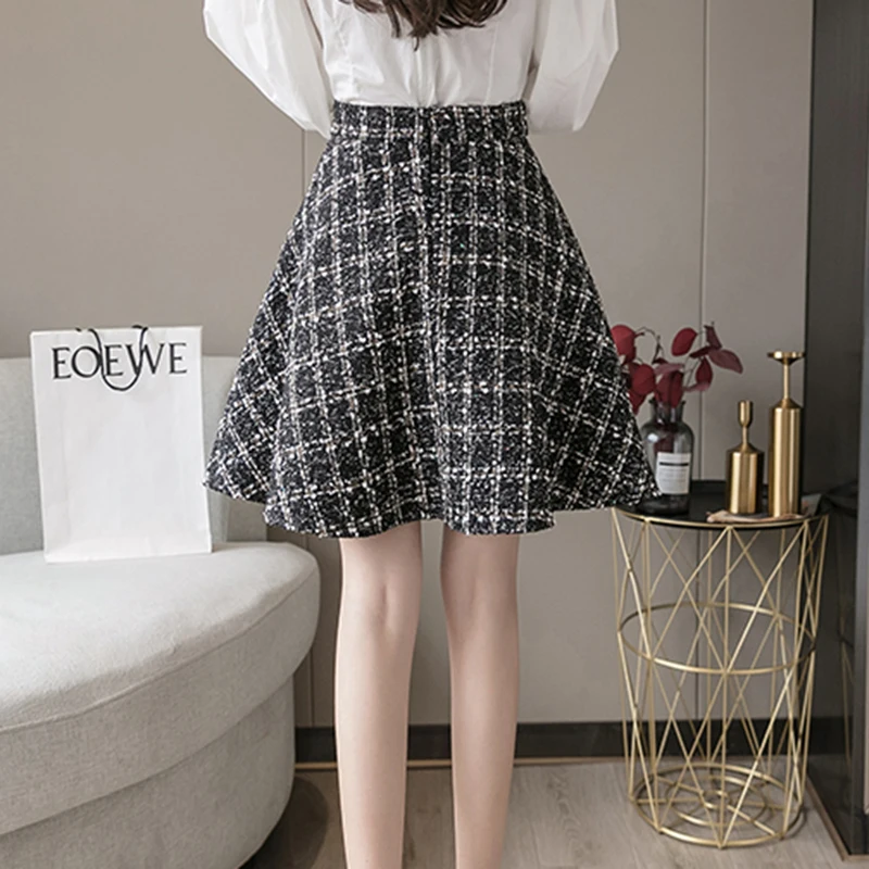 Твидовая юбка цвета хаки Женская шерстяная мини-юбка в клетку бальная на