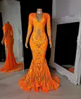 Блестящие кружевные платья для выпускного вечера, 2021, вечернее оранжевое платье с V-образным вырезом, длинным рукавом, аппликацией и блестками, черное Африканское платье-Русалка для девочек
