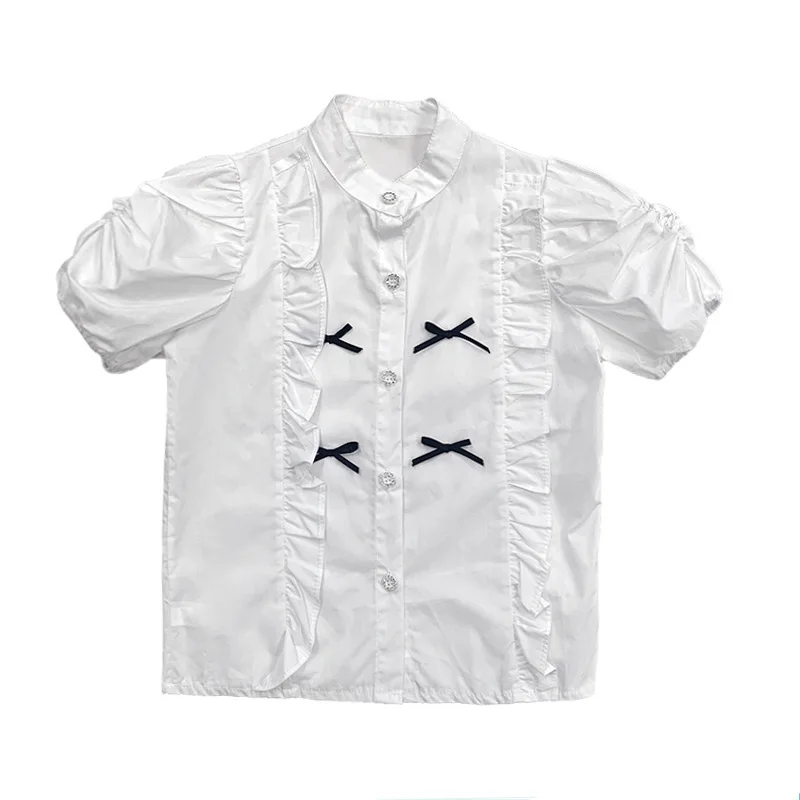 

Girls Bowknot Shirt 2021 Summer New Sweet Girl Little Fragrant Short Sleeve Puff Sleeve Top