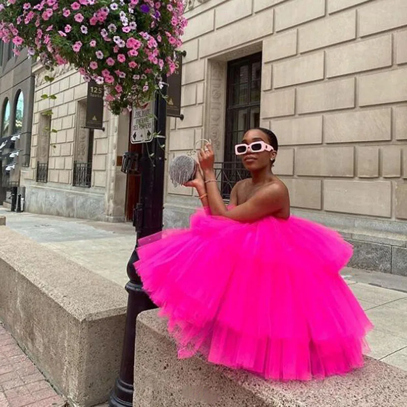 

Fashion Fuchsia Mini Tulle Summer Women Dresses 2020 Ruffles Tiered Short Short Girl Dress Off The Shoulder Vestido De Mujer