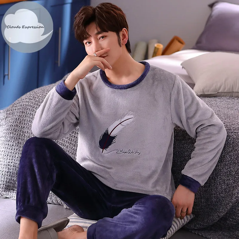 Пижамный комплект мужской фланелевый теплый тонкий пижамный одежда для сна с