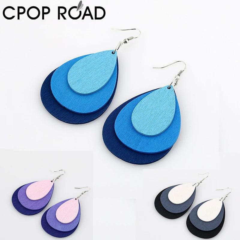Модные красочные деревянные серьги Cpop для женщин черные в форме капли воды