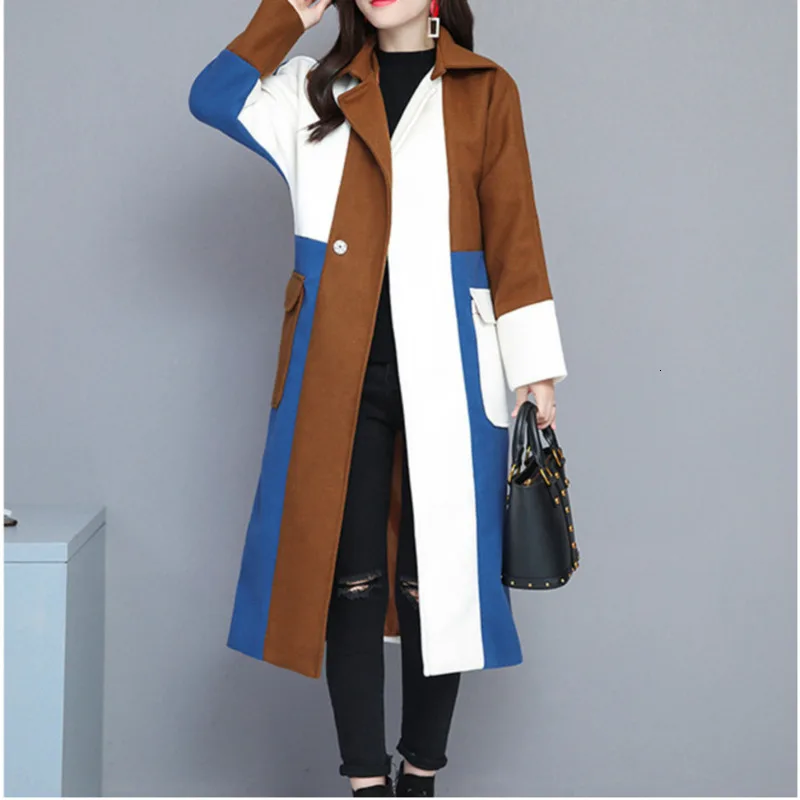 Шерстяное пальто женское зимнее 2019 Формальное с отложным воротником лоскутное