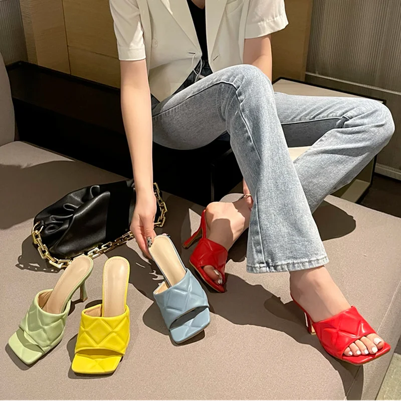 

LEOPARD LAND 2021 Summer Red Women Slipper Peep Toe Thin High Heel Shoes Ladies High Quality PU Leather Slides Pumps 35-42 CF