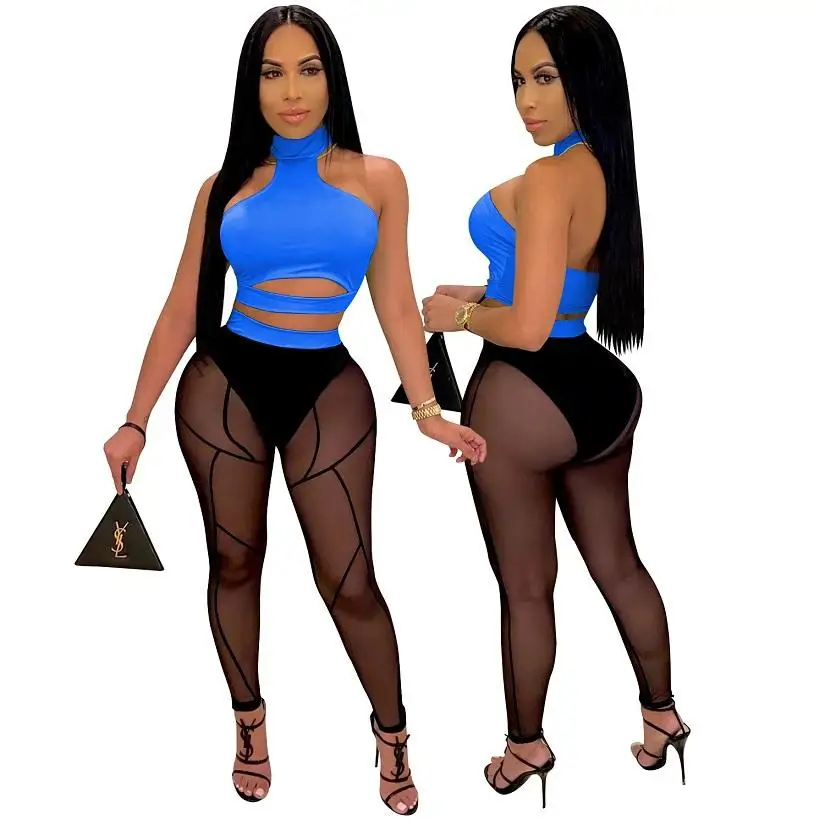 

NEW Women clothing hollow out crop top mesh perspective pants 2 two piece set Sexy clubwear ladies suit plus size clothes