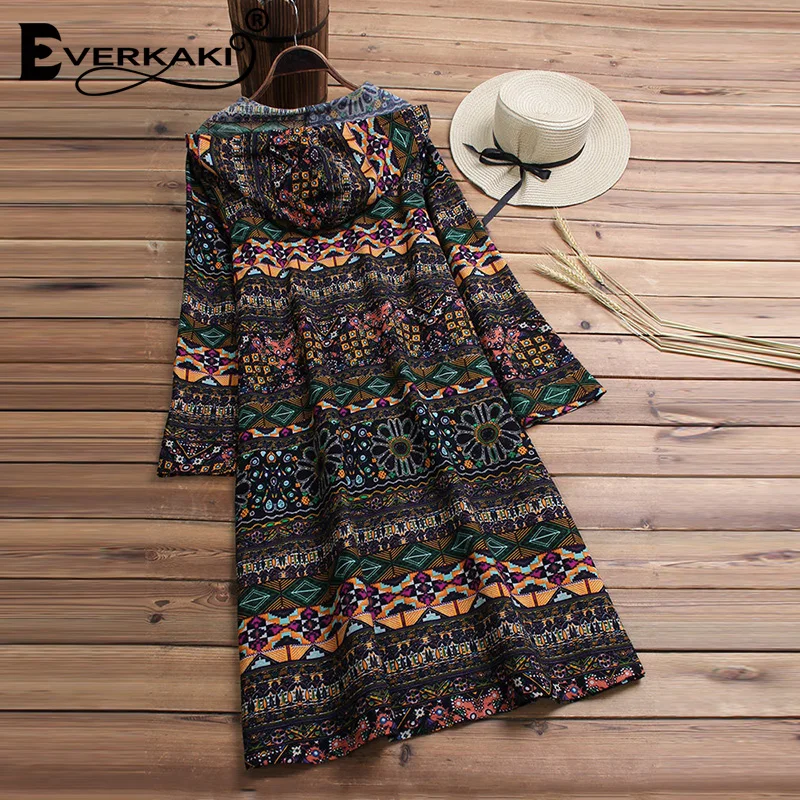 Everkaki Boho длинное пальто куртки женские большие размеры с принтом шляпы свободные