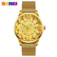 skmei brand business mens watches luxury golden steel mesh band quartz wristwatches original 9166 relogio masculino