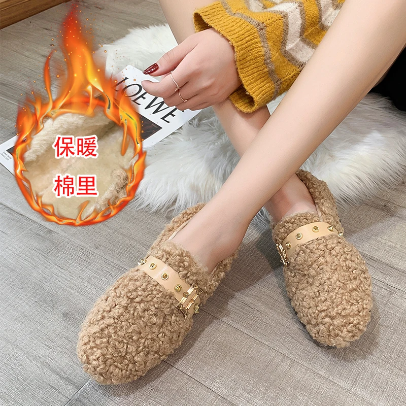 

Курчавая овечка, шерстяные Мокасины, женская зимняя обувь из овечьей шерсти на плоской подошве с металлической пряжкой, женские теплые флис...