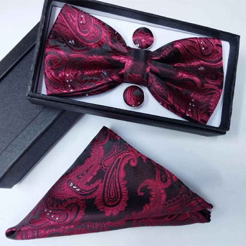 

gravata borboleta silk gifts for men bowtie Pocket Square cashew flowers bow tie and handkerchief with cufflink set paisley tie