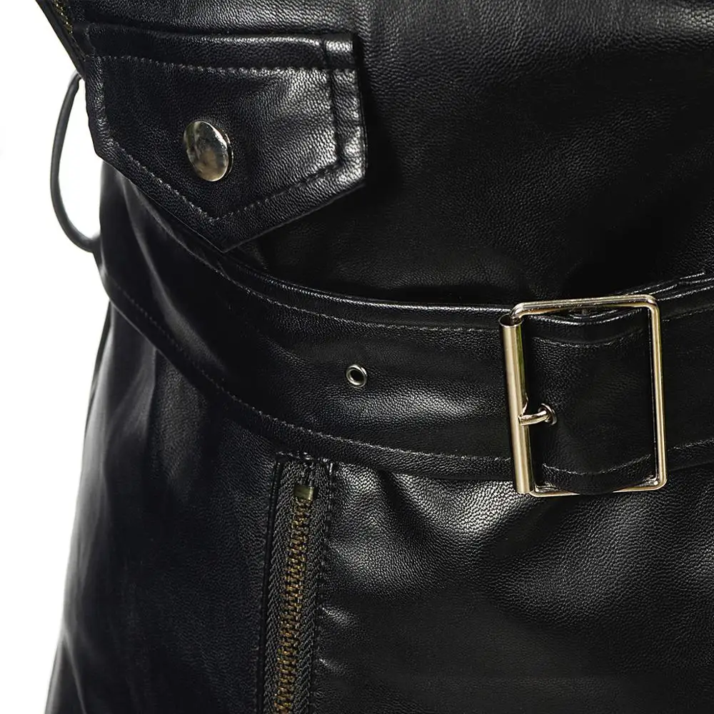 

Autumn New Winter Women Black PU Faux Leather outerwear Zipper Button Turndown Collar Coat slim Moto Biker gauze Hem Belt Jacket