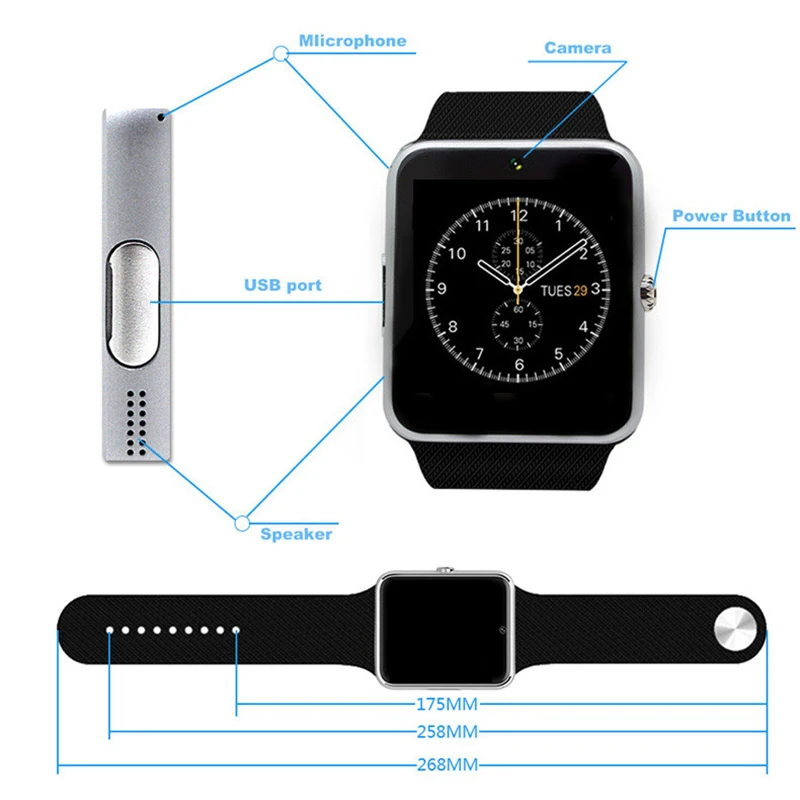 DELIVE Новые Bluetooth Смарт часы для мужчин GT08 с сенсорным экраном большая батарея