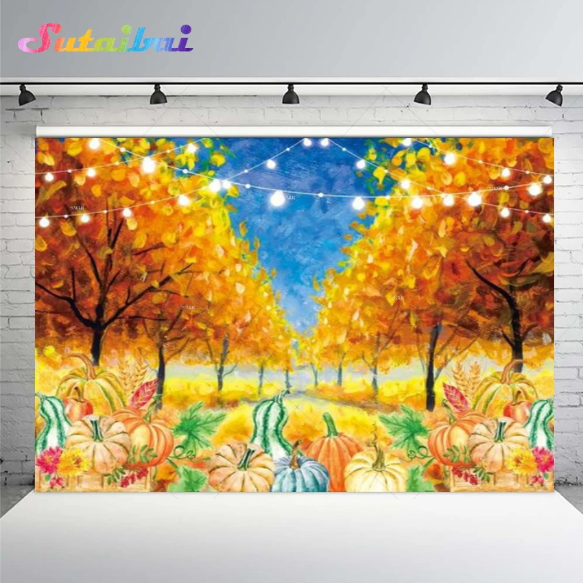 

Autumn Backdrop Fall Harvest Pumpkin Maple Leaves Sunflower Fence Thanksgiving Custom Poster Photography Background Photocall