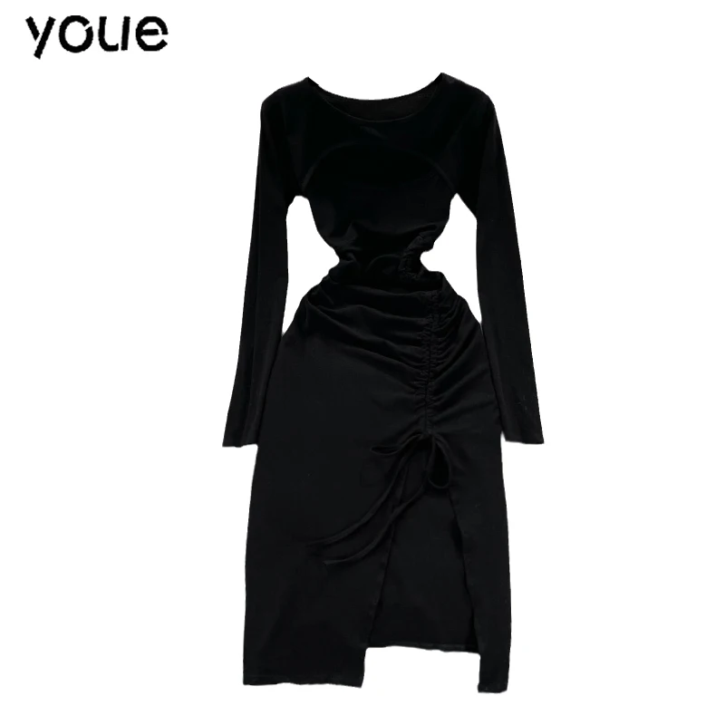 

Vintage Black Drawstring Bodycon Dress Women Sexy Hollow Out Long Sleeve High Waist Casual Midi Vestidos Autumn Female Robe 2021