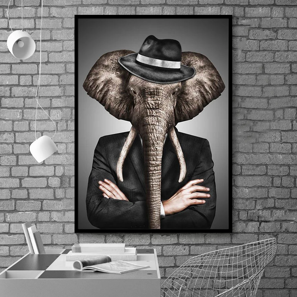 

Black and White Classic Lion Tiger Elephant Giraffe Wolf Horse Wall Art Posters And Prints Animal Wearing a Hat Canvas Painting