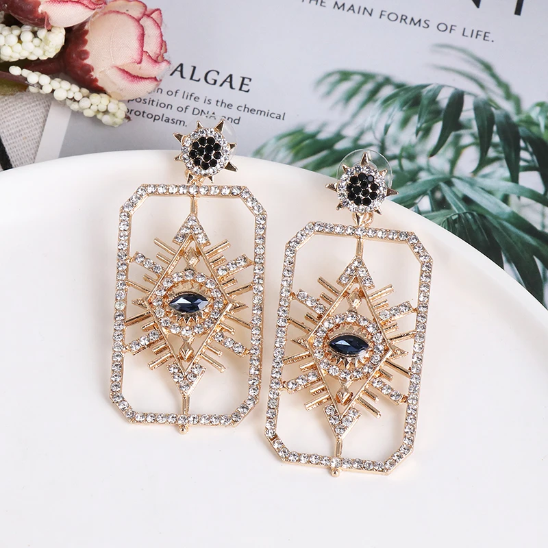 

Wholesale JUJIA Exaggerated Vintage Rhinestone Crystal Eye Drop Earrings For Women Ethnic Jewelry Fashion Geometry Earings