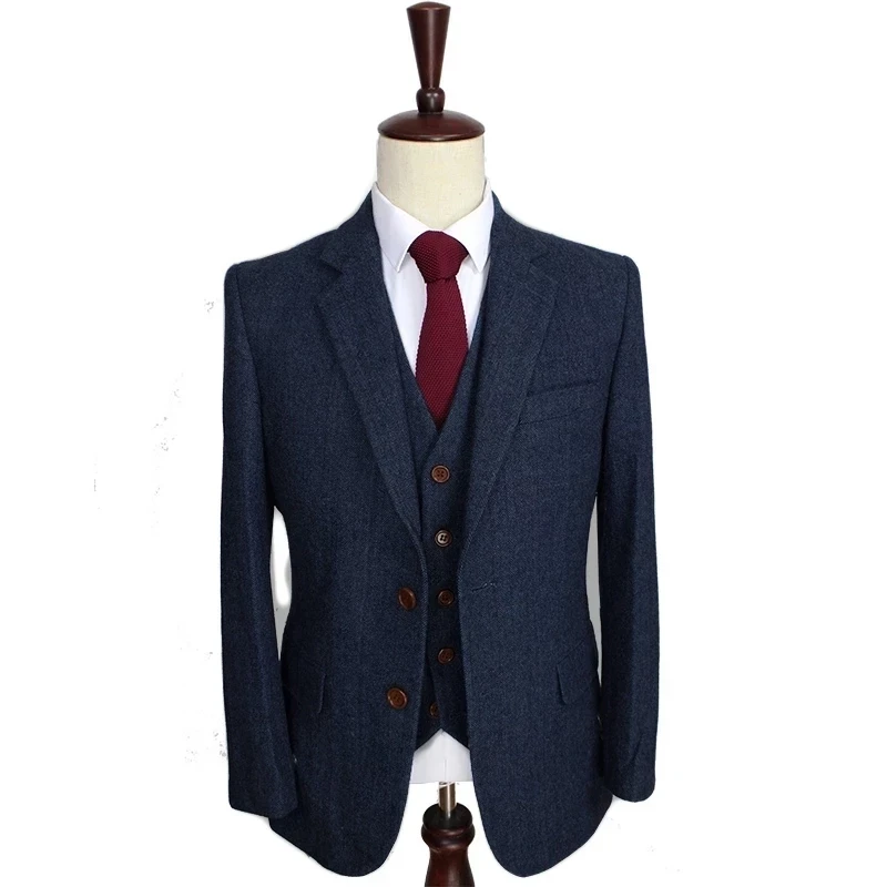 Men‘s Suits 3 Pieces Green Wool Tweed Herringbone Business Retro Classic PatternTuxedos For Wedding Blazer Pants Vest | Мужская одежда