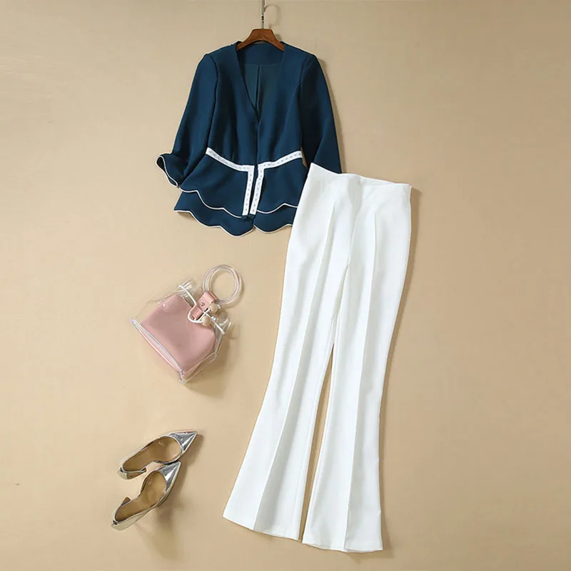 Женский Дизайнерский Костюм элегантный синий топ с глубоким V образным вырезом и