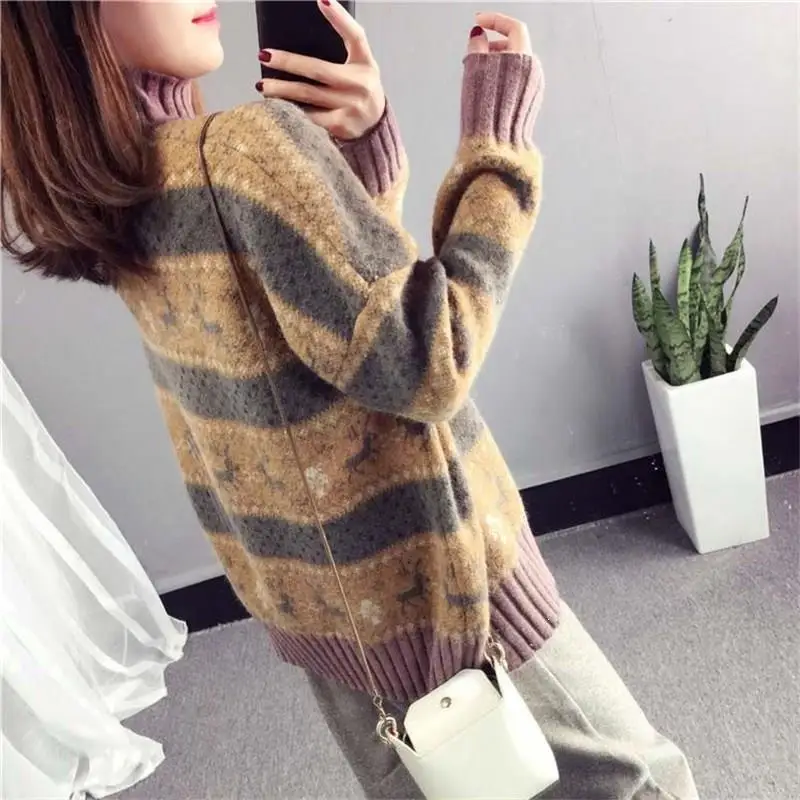 Female Christmas Deer Loose Sweater Pullovers 2019 Winter Striped Long Sleeve Thick Warm Jacquard | Женская одежда