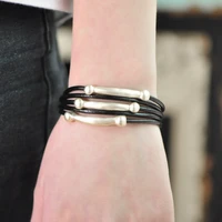oi fashion bangle magnet buckle black leather bracelet gold color jewelry for women men party holiday accessories bracelets