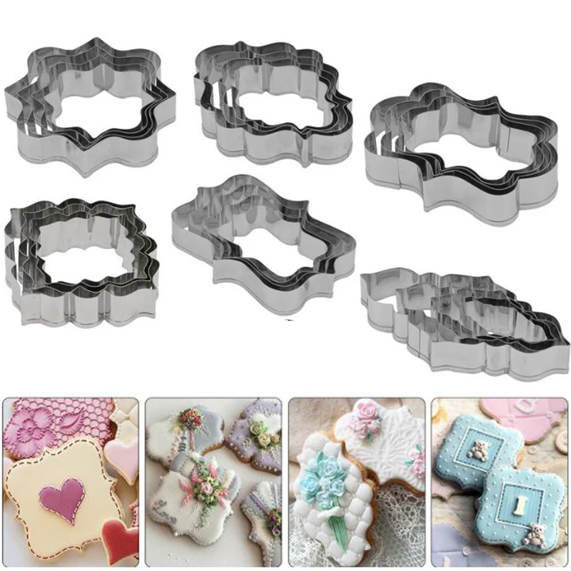 

4Pcs/Set Stainless Steel Fondant Mold Cookie Stamper Nameplate Wedding Biscuit Lace Blessing Circle Flower Frame Cake Decoration