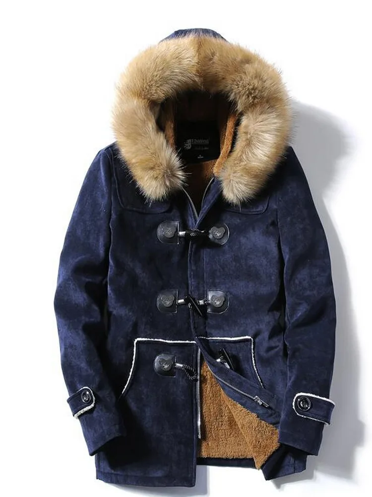 Fall/winter Fur Collar Horns Buckle Deer Velvet Leather Cotton-Padded Jacket Men's Mid-length Slim Thick Warmth Outwear