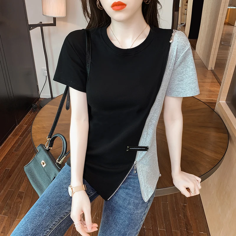 

Женская футболка с коротким рукавом, облегающий Асимметричный топ с молнией разных цветов, лето 2021