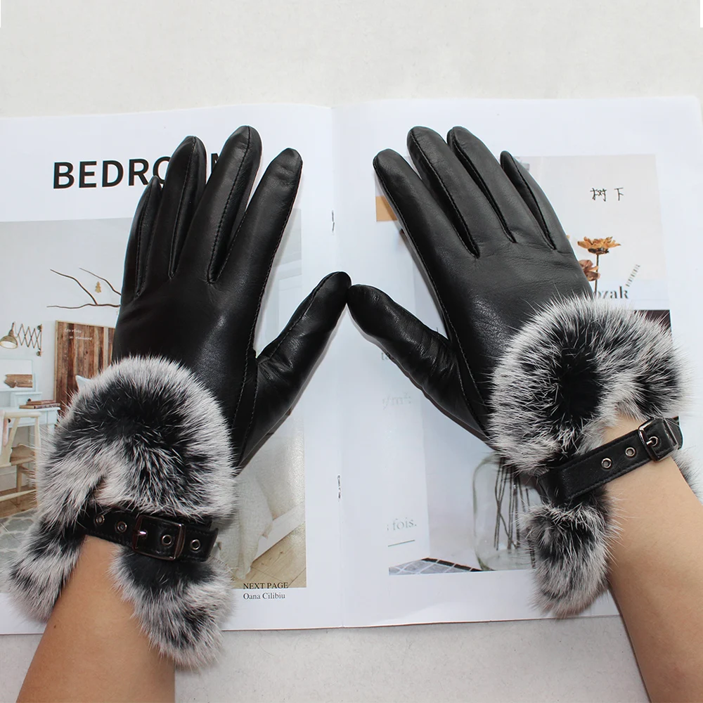 Women's fashion rabbit fur button sheepskin gloves leather new style velvet lining short black winter gloves
