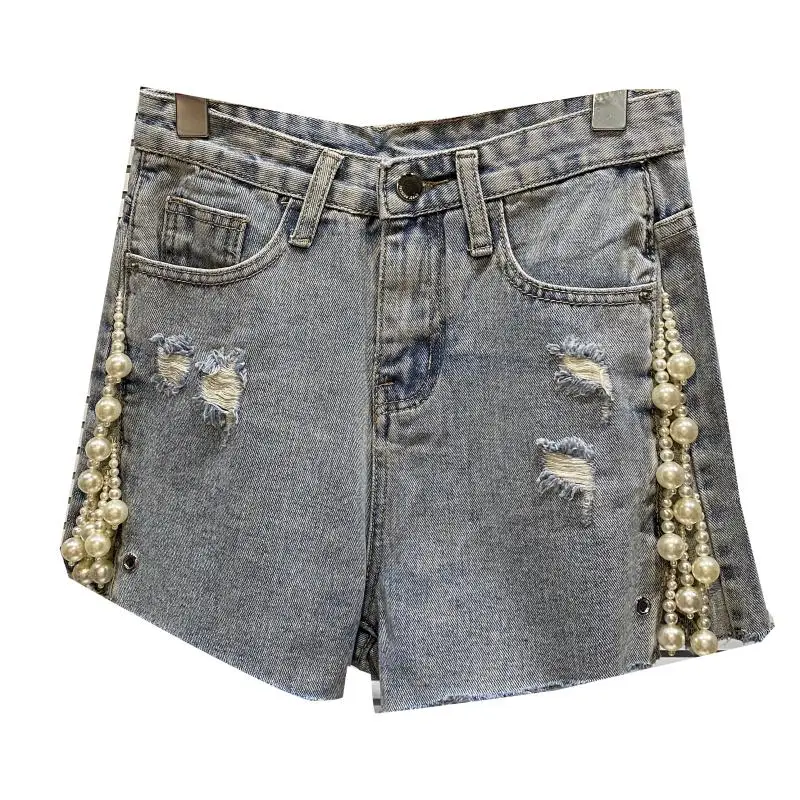 

2021 Summer Women Denim Shorts Side New Fashionable Pearl Pendant Raw Edge Wash Straight Tube Denim Shorts Women's