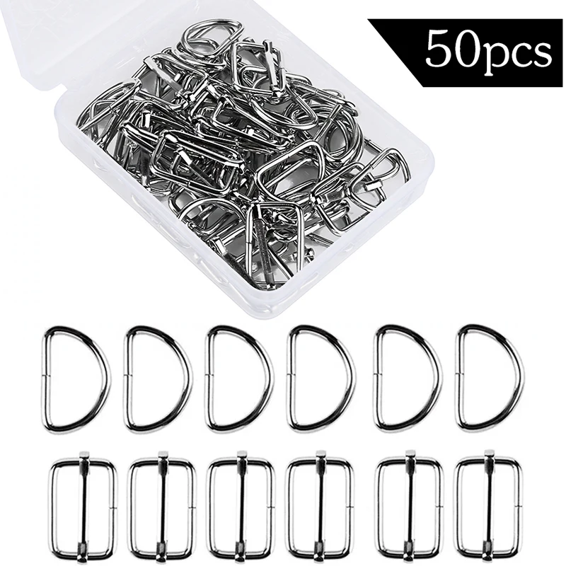 KAOBUY 25 PCS D Shape Rings + 25 PCS Metal Rectangle Adjuster Triglides Slides Buckle For Handbag Keychain Purse 25mm