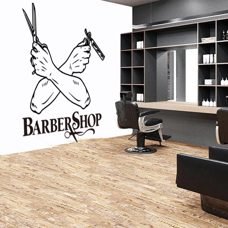 

Vintage Crossed Barber Hands Scissors Razor Window Wall Decal Hairdresses Haircut Barber Shop Glass Wall Decal Vinyl Decor