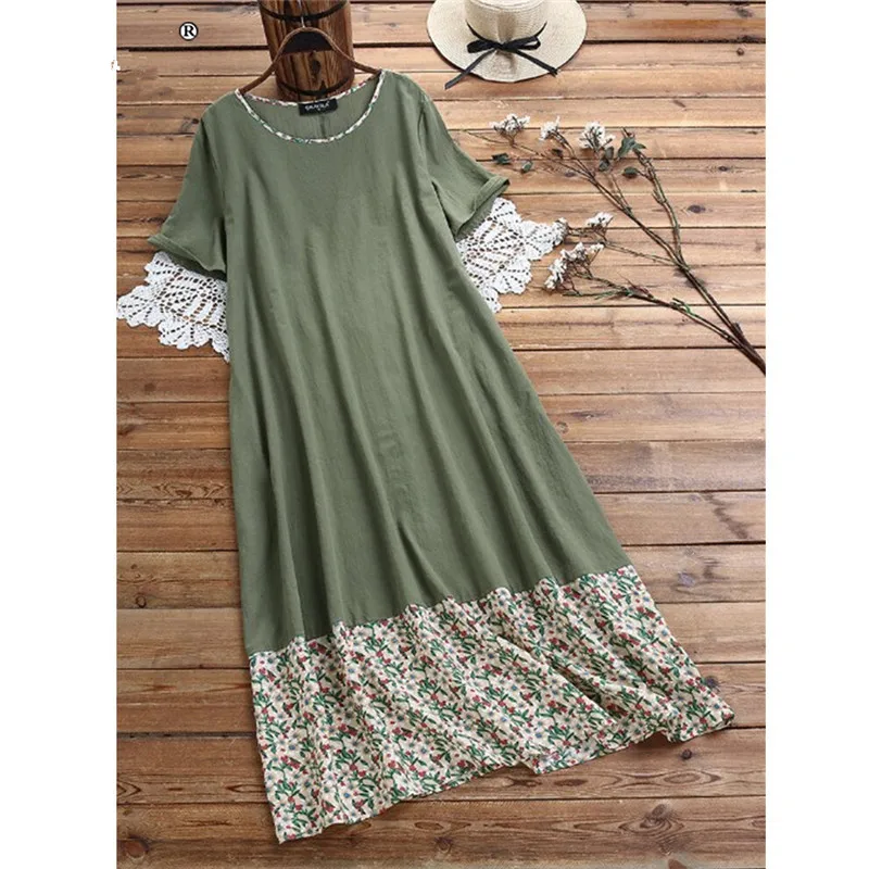 

Dresses Plus size Summer Ladies Elegant O-neck Long Maxi Dress Patchwork Boho Cotton Linen Women Casual Loose Dress
