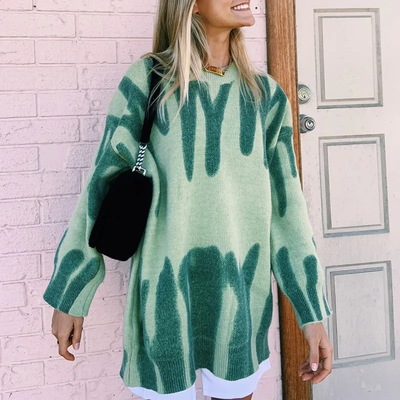 

EA Women Autumn O-Neck Loose Long Sweater Elegant Green Striped Print Oversized Basic Casual Pullovers Streetwear Warm Outerwear