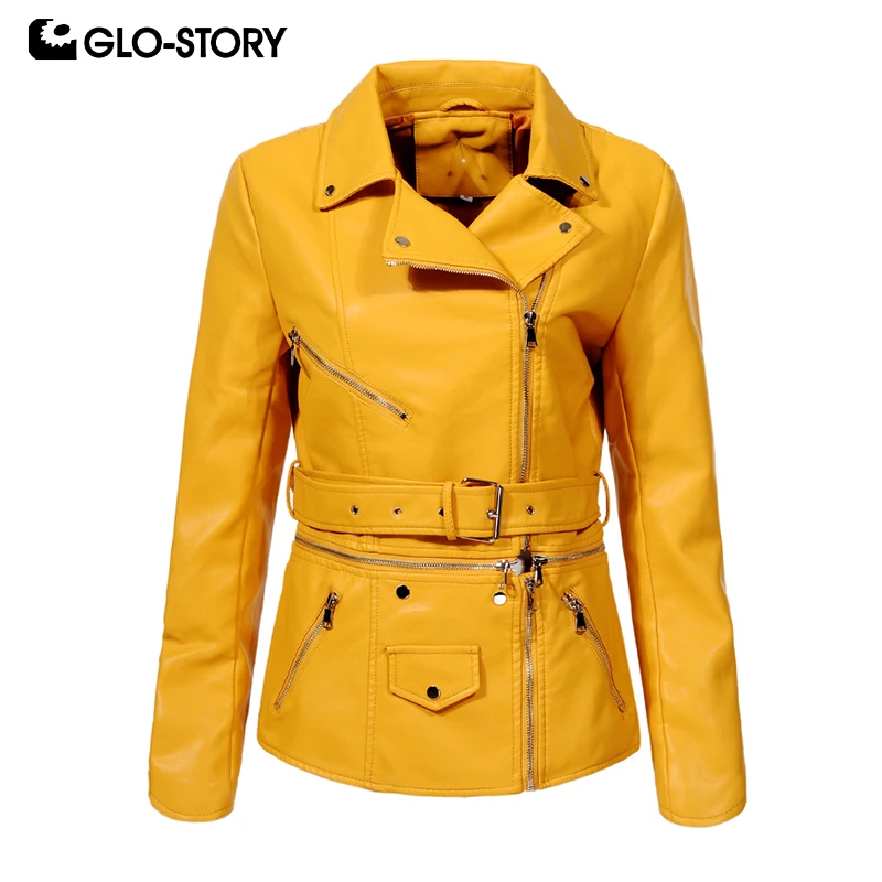 GLO-STORY, модные женские кожаные куртки с поясом, на молнии, с карманами, женские пальто, осень, многоразовая одежда, Женская куртка, WPY-7530