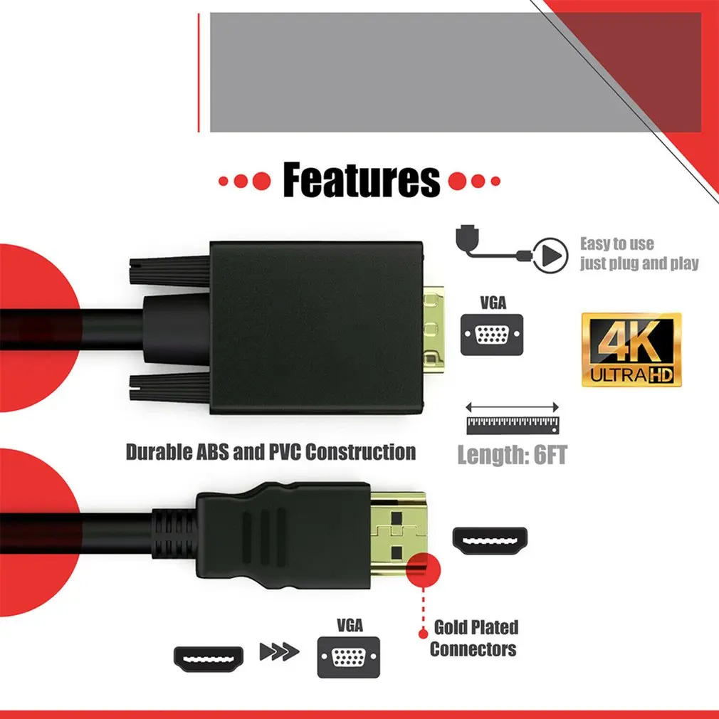 HDMI-compatible To VGA Cable Converter Adapter 1.8m For HDTV PC Desktop Monitors Video 1080P 6FT TVs And | Электроника