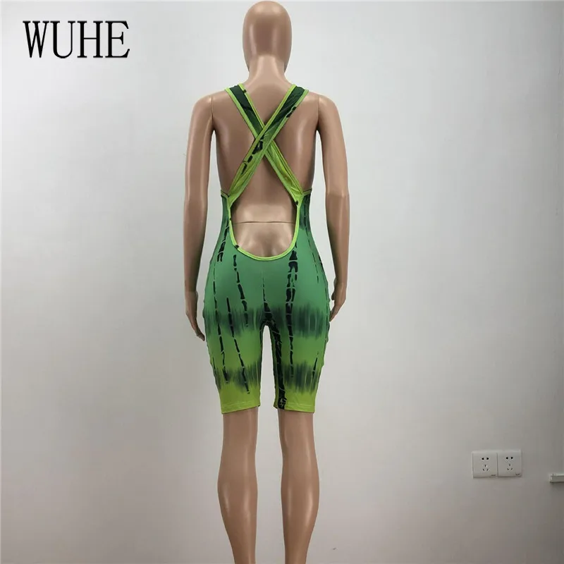 

WUHE Print Sexy Playsuits Off Shoulder Cross Halter Open Back Hollow Out Package Hip Tight Sleeveless Nightclub Streetwear