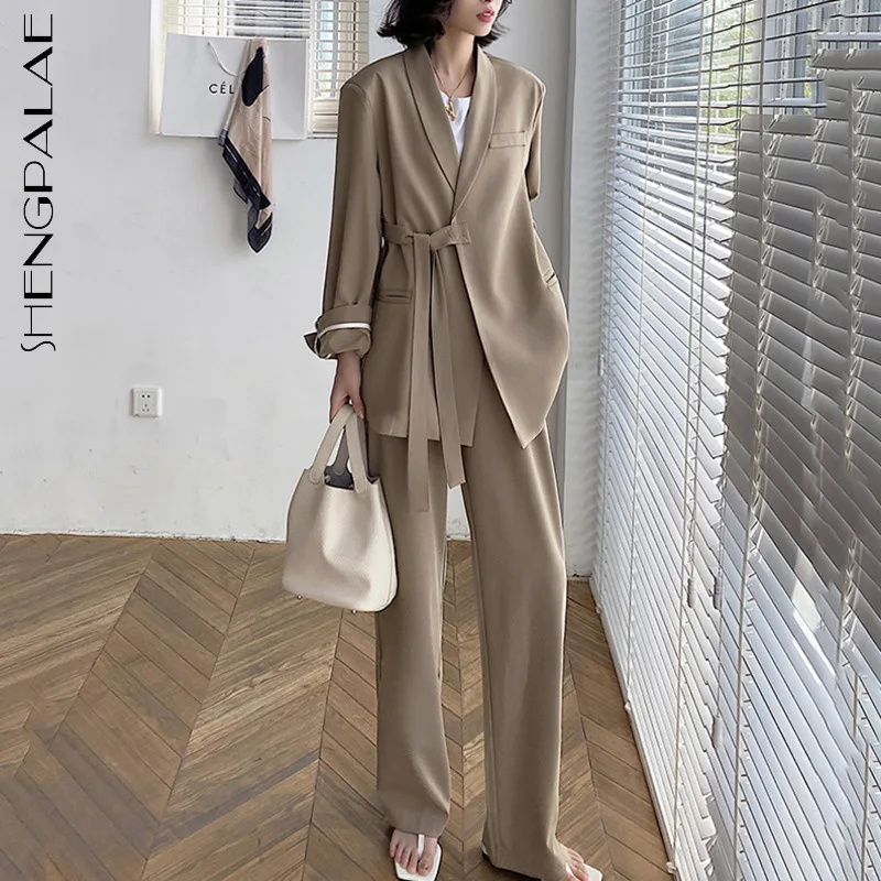 

SHENGPALAE Korea Chic Women Autumn Fashion Notched Lace up Khaki Blazer Long Sleeve Solid Color Loose Pant Suits 2021 5E2426