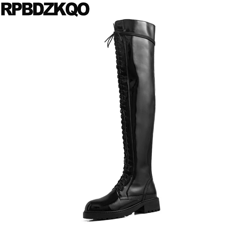 Long Shoes Faux Fur Handmade Patent Leather Black Tall Riding Chunky Equestrian Thigh High Over The Knee Women Boots Winter 2021 | Обувь