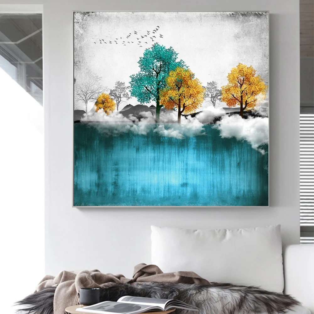 Горное озеро елка лося Картина Пейзаж абстрактная живопись плакат Nordic украшения