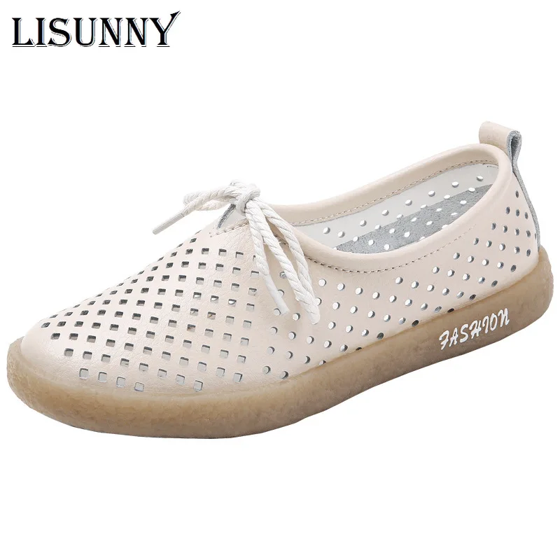 

LISUNNY New Breathable Genuine Leather Summer Shoes Woman Flats Hollow Comfortable Ladies White Loafers Soft Casual Shoes