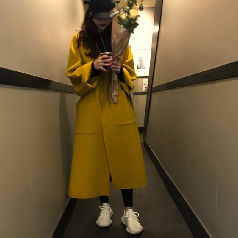 Женское зимнее кашемировое пальто длинное шерстяное с поясом женский элегантный