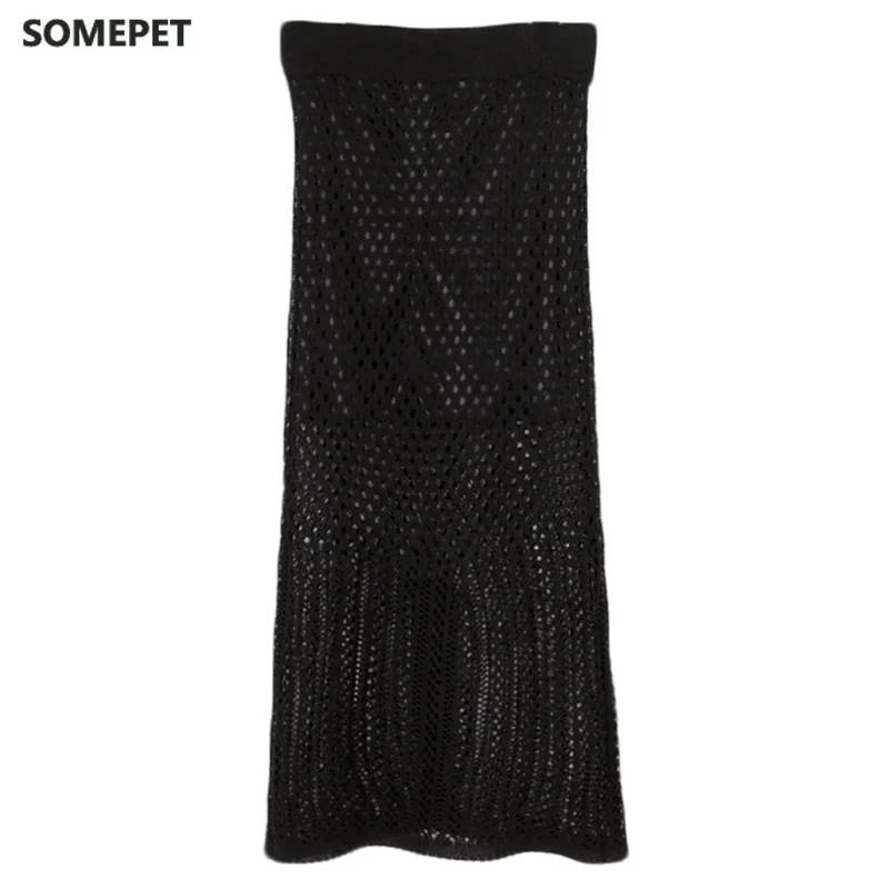 

Crochet Hollow Side Split Knit Skirts Elegant Women Elastic High Waist 2021 New Korean Fashion Summer Skirts Mid-length Solid
