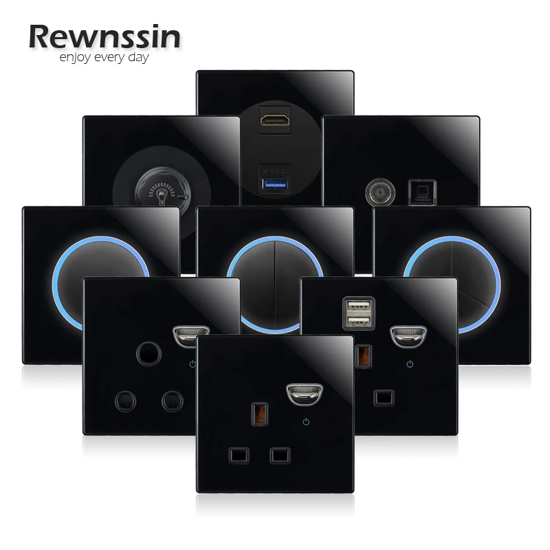 Черная Стеклянная настенная розетка в английском стиле с кнопкой сброса