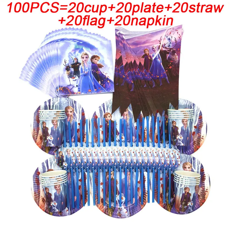 

100PCS Kids Girls Elsa Anna Princess Birthday Decorations Theme Frozen2 Party Supplies Set Disposable Tableware Cup Plates Flags