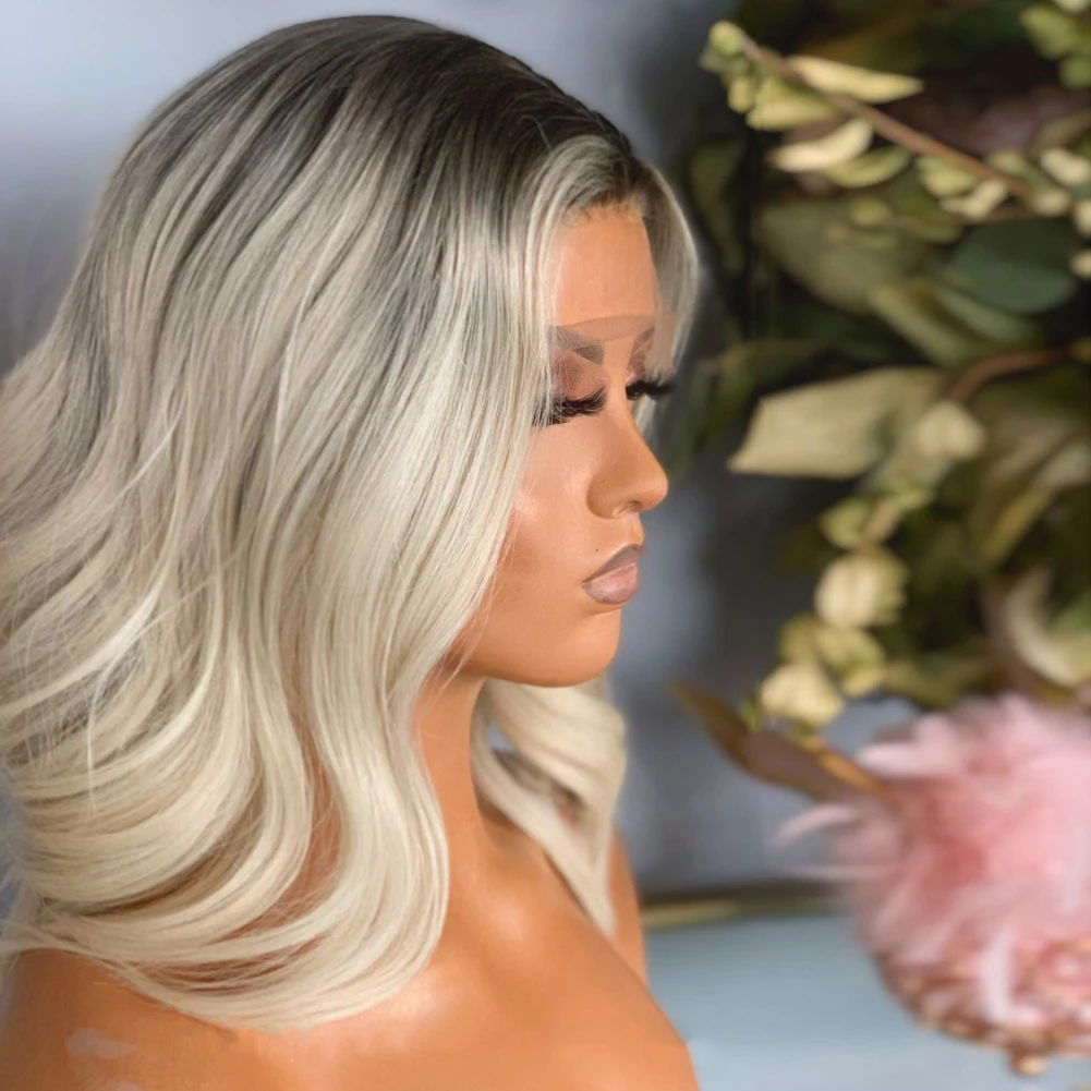 Platinum Blonde Human Hair Lace Front Wig Short Bob Wavy Wigs Highlight Black Roots Ombre Lace Front Wig 13x1 Remy Hair 150%